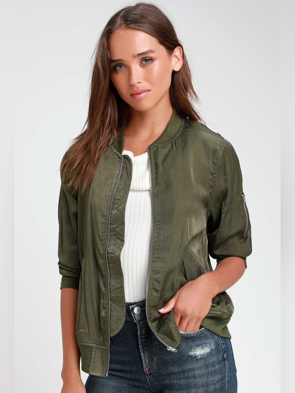 Lulu's Olive Green Lightweight Bomber Jacket XS